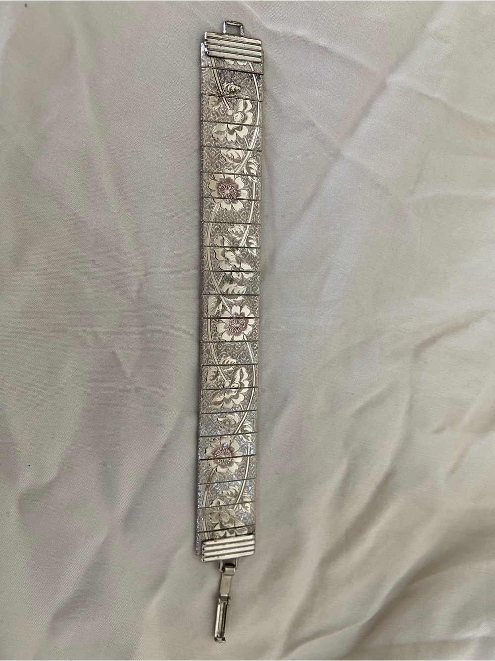 Stamped Silver Metal Floral Panel Bracelet in Silver with Pink Accents
